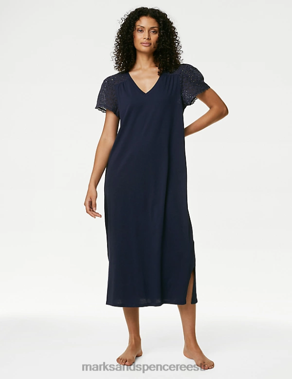 pesu ee Marks & Spencer unisex puhtast puuvillast broderie-äärisega pikk öösärk merevägi NZTRN3358