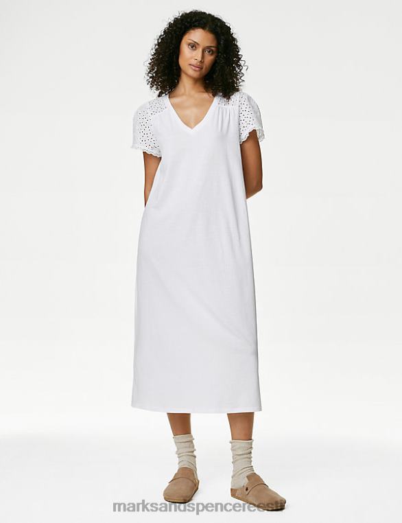 pesu ee Marks & Spencer unisex puhtast puuvillast broderie-äärisega pikk öösärk valge NZTRN3383
