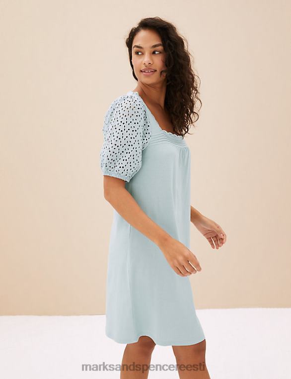 pesu ee Marks & Spencer unisex puhtast puuvillast broderie trimmiga lühike öösärk sinine NZTRN3548