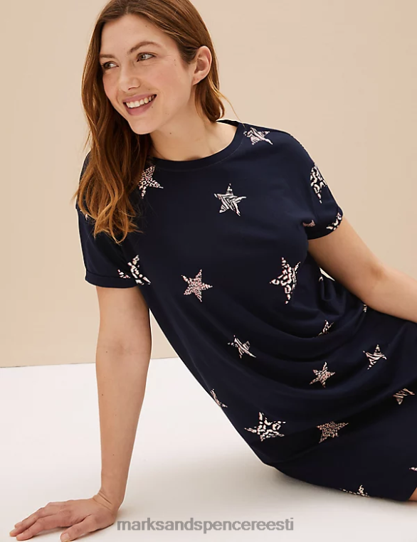 pesu ee Marks & Spencer unisex puhtast puuvillast tähtmustriga lühike öösärk mereväe segu NZTRN3569