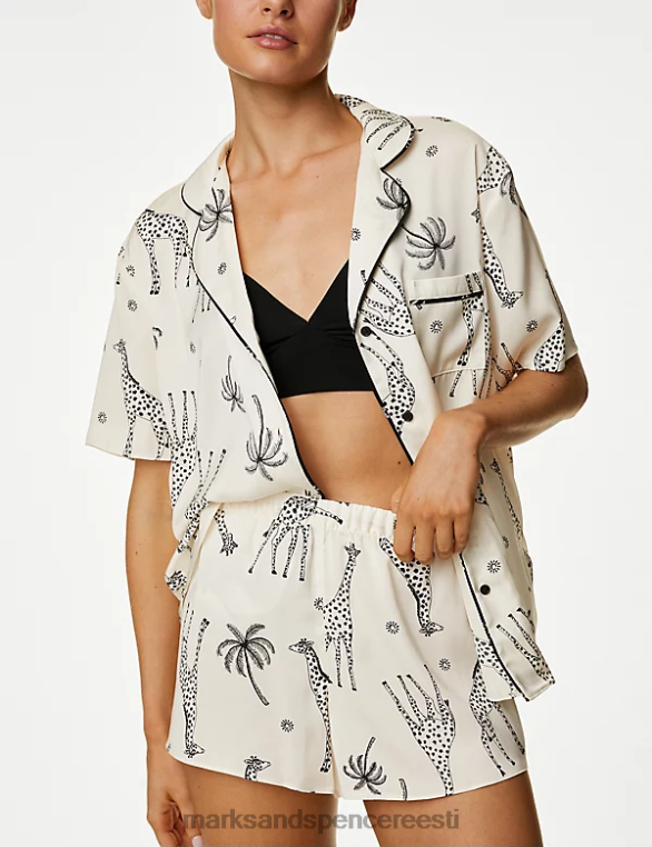 pesu ee Marks & Spencer unisex Dream satiinist kaelkirjaku mustriga shortside komplekt elevandiluust NZTRN3549