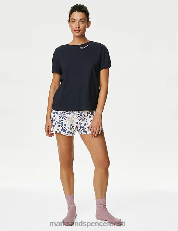 pesu ee Marks & Spencer unisex puhtast puuvillast lilleline pidžaamakomplekt mereväe segu NZTRN3465