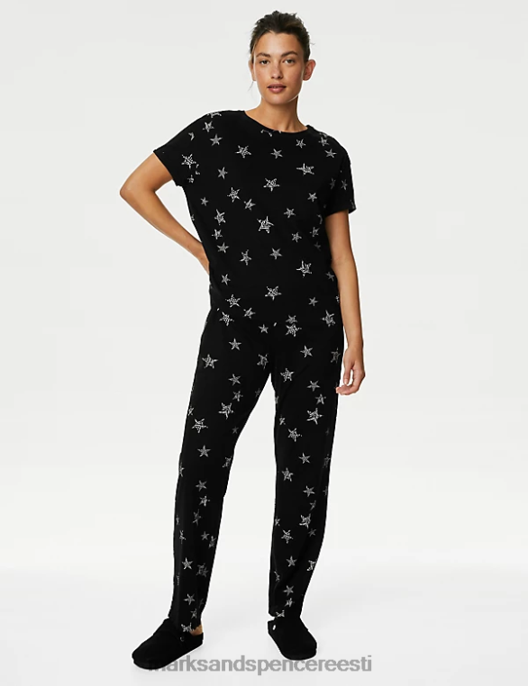 pesu ee Marks & Spencer unisex puhtast puuvillast tähtprinteriga pidžaamakomplekt must segu NZTRN3339