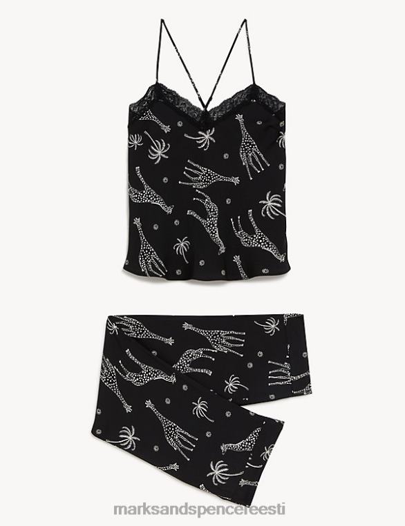 pesu ee Marks & Spencer unisex satiinist kaelkirjaku mustriga pidžaamakomplekt must segu NZTRN3462