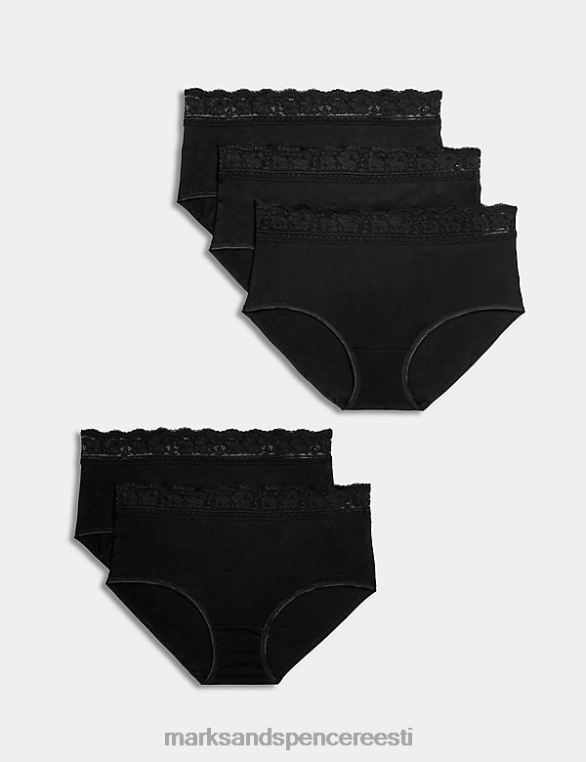pesu ee Marks & Spencer unisex 5 tk puuvillast lükrast ja pitsist täispüksid must NZTRN4129