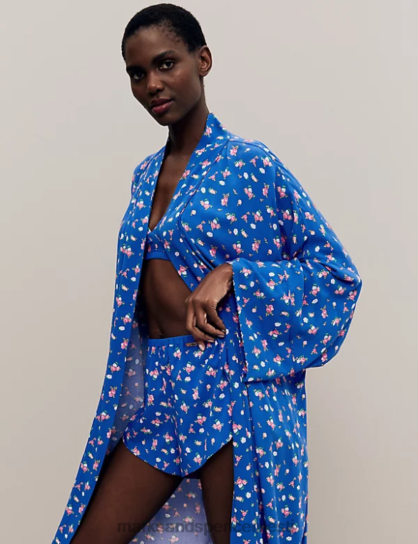 pesu ee Marks & Spencer unisex lillemustriga pikk kimono rüü sinine segu NZTRN3496