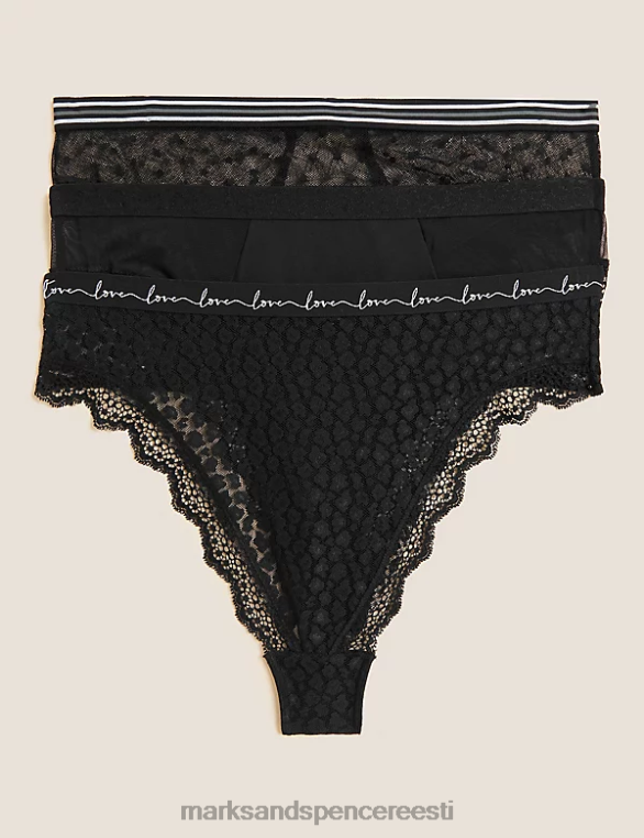 pesu ee Marks & Spencer unisex 3pk võrgust ja pitsist kõrge vöökohaga stringid must NZTRN4664