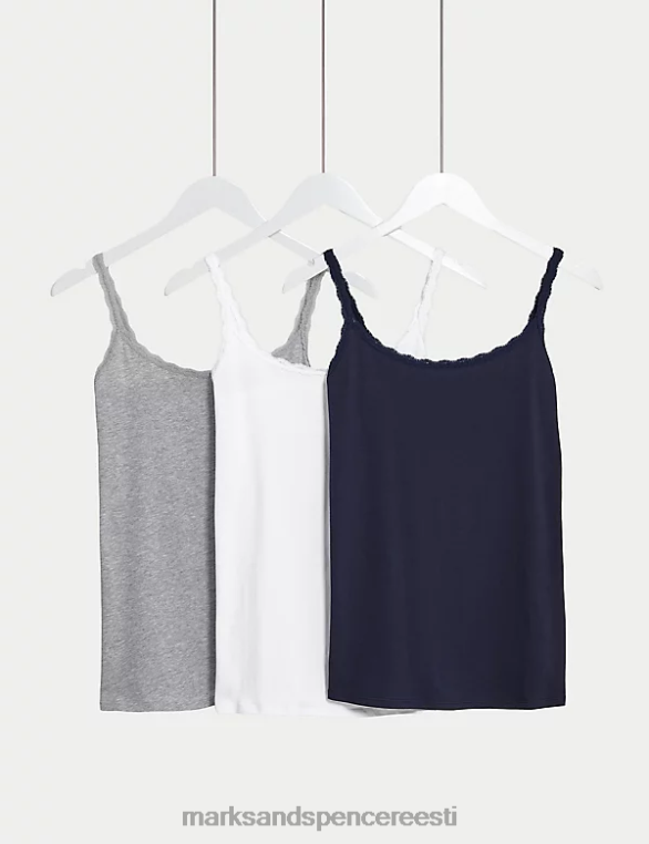 pesu ee Marks & Spencer unisex 3pk puuvillased rikkaliku pitsiga vestid mereväe segu NZTRN3744
