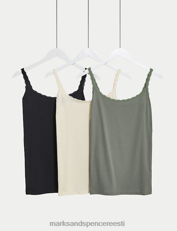 pesu ee Marks & Spencer unisex 3pk puuvillased rikkaliku pitsiga vestid roheline segu NZTRN3745