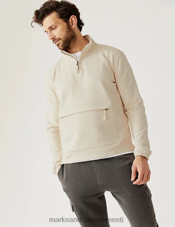 Riietus ee Marks & Spencer unisex puhtast puuvillast lehtrikaelusega pool lukuga dressipluus ekru NZTRN6377