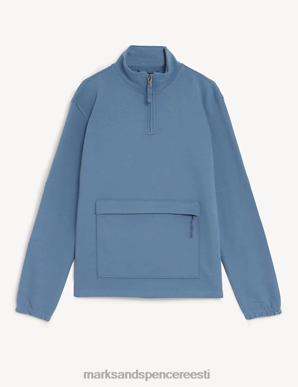 Riietus ee Marks & Spencer unisex puhtast puuvillast lehtrikaelusega pool lukuga dressipluus tolmune sinine NZTRN5991