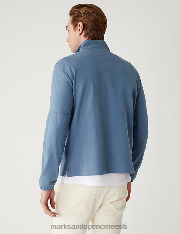 Riietus ee Marks & Spencer unisex puhtast puuvillast lehtrikaelusega pool lukuga dressipluus tolmune sinine NZTRN5991