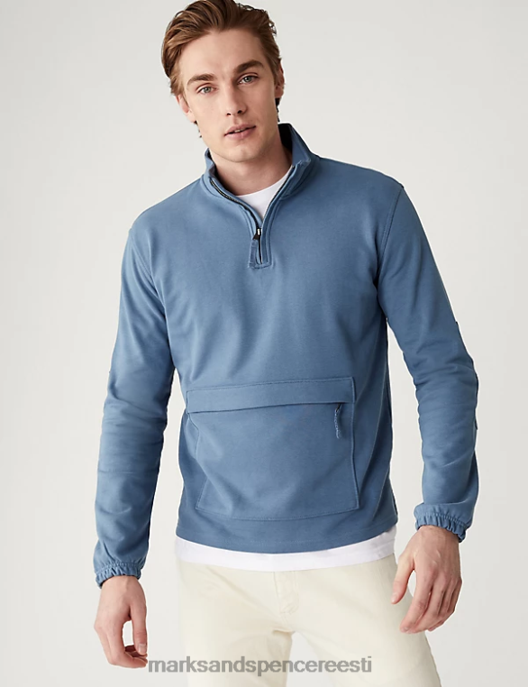 Riietus ee Marks & Spencer unisex puhtast puuvillast lehtrikaelusega pool lukuga dressipluus tolmune sinine NZTRN5991