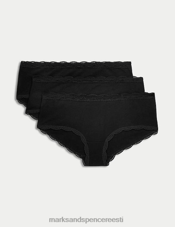 Riietus ee Marks & Spencer unisex 3pk puuvillased rikkalikud pitspüksid must NZTRN4021