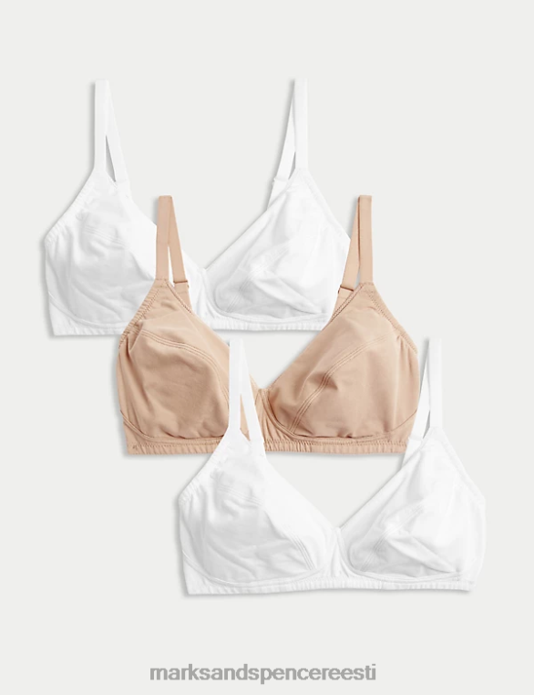 Riietus ee Marks & Spencer unisex 3-osalised puuvillased traadita täistopsilised rinnahoidjad valge segu NZTRN3681