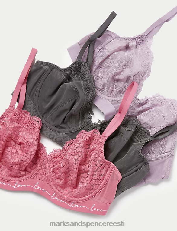 Riietus ee Marks & Spencer unisex 3 tk pitsist ja võrgust juhtmega rõdurinnahoidjad vaarikasegu NZTRN4710