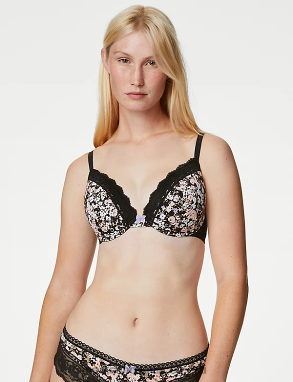 Riietus ee Marks & Spencer unisex trükitud pitsiga traadiga sukeldumisrinnahoidja must segu NZTRN4531