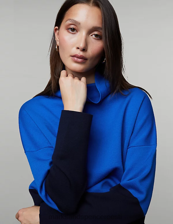 Riietus ee Marks & Spencer unisex Meriinovillast rikkaliku värvi plokk-džemper sinine segu NZTRN1121