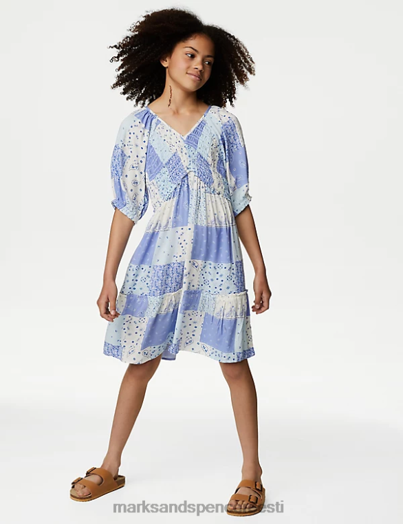 Riietus ee Marks & Spencer lapsed lapitehnikas mustriga shirred astmeline kleit sinine segu NZTRN9152