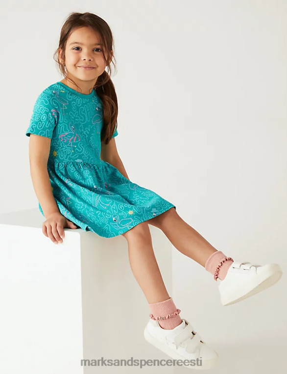 Riietus ee Marks & Spencer lapsed puhtast puuvillast flamingo kleit roheline NZTRN9263