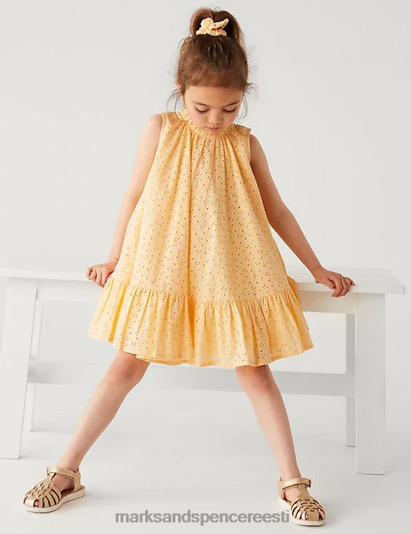 Riietus ee Marks & Spencer lapsed puhtast puuvillast kleit koos scrunchiega kahvatu kuld NZTRN9258