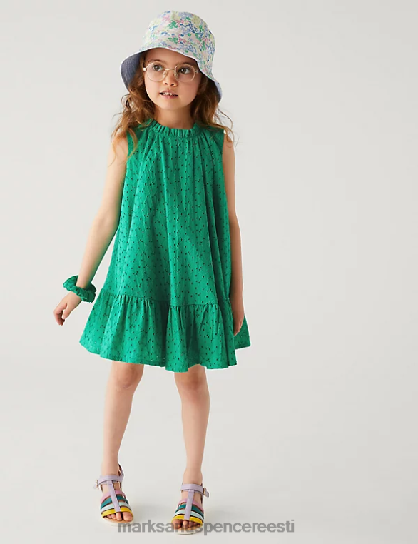 Riietus ee Marks & Spencer lapsed puhtast puuvillast kleit koos scrunchiega roheline NZTRN9523