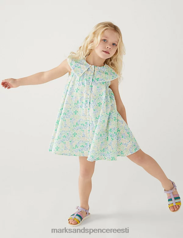 Riietus ee Marks & Spencer lapsed puhtast puuvillast lilleline kleit roheline segu NZTRN9025
