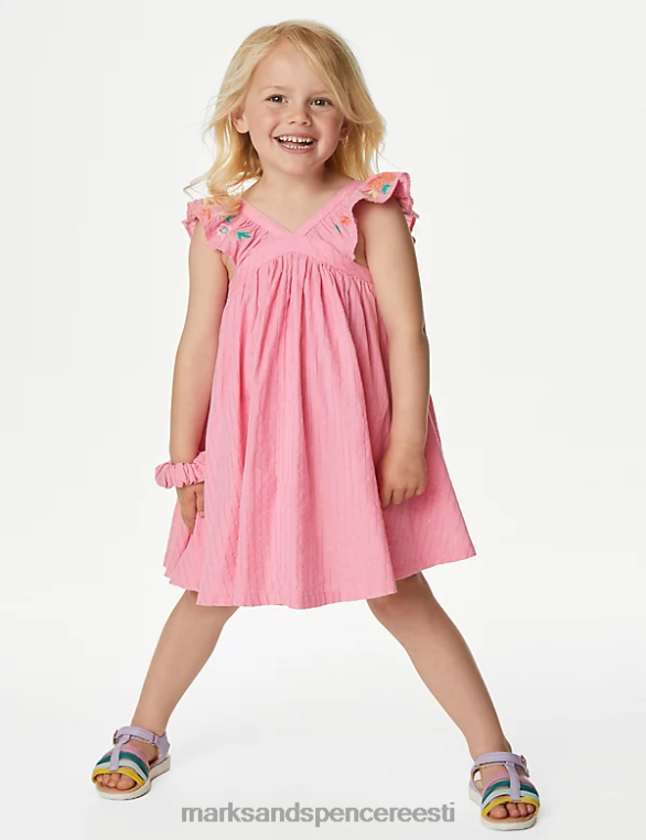 Riietus ee Marks & Spencer lapsed puhtast puuvillast lilleline kleit scrunchie'ga suhkruroosa NZTRN9294