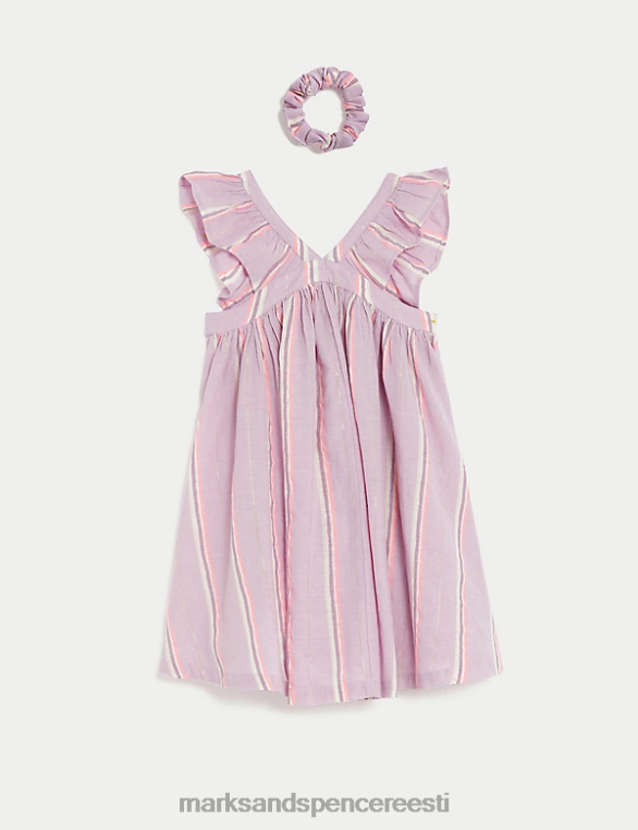 Riietus ee Marks & Spencer lapsed puhtast puuvillast triibuline kleit scrunchiega lilla NZTRN9422