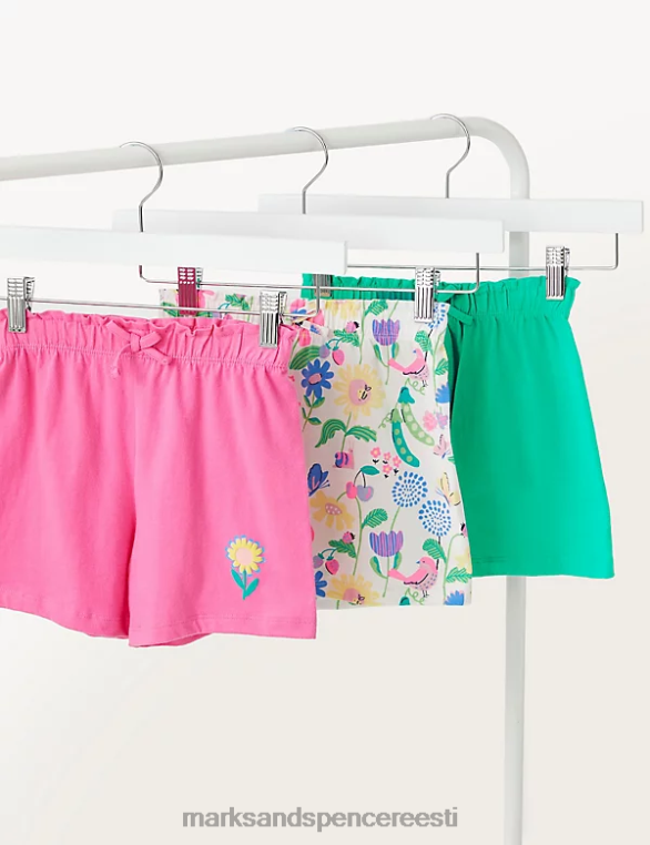 Riietus ee Marks & Spencer lapsed 3pk puhtast puuvillast lillemustriga lühikesed püksid roheline NZTRN9776