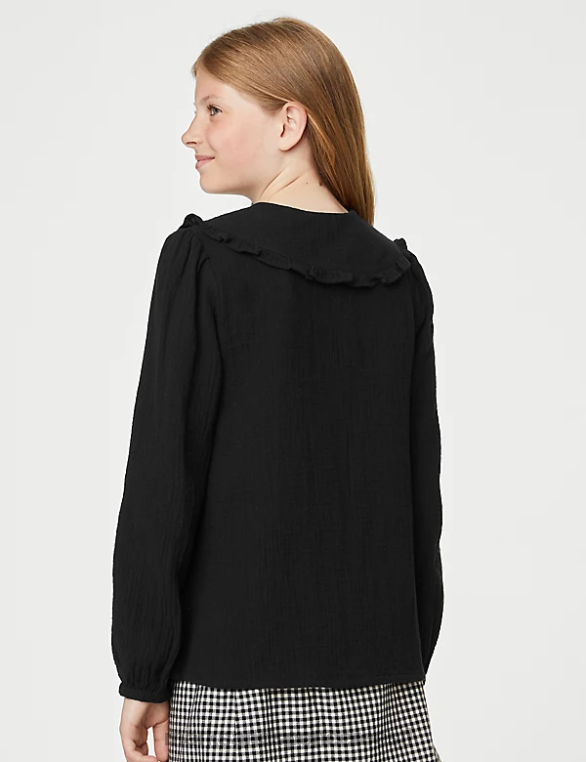Riietus ee Marks & Spencer lapsed puhtast puuvillast kaelusega pluus must NZTRN9914