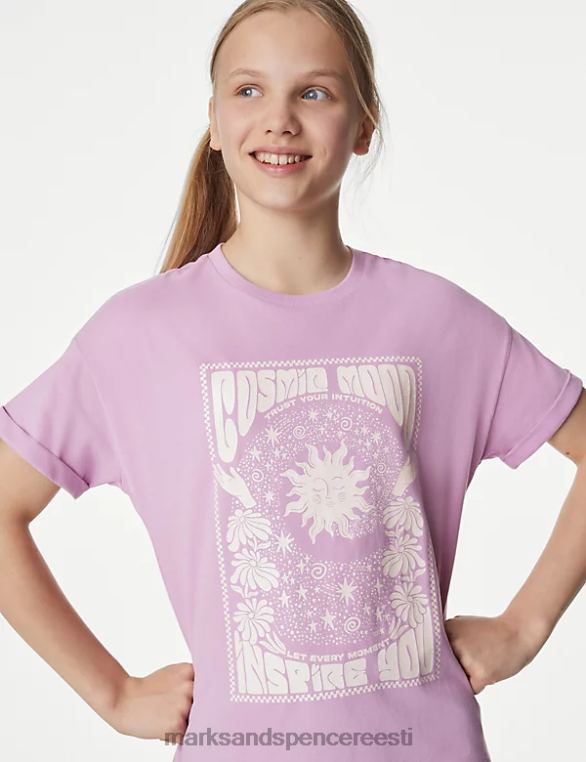 Riietus ee Marks & Spencer lapsed puhtast puuvillast kosmiline graafiline T-särk roosa NZTRN9362