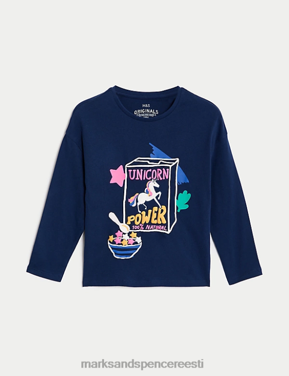 Riietus ee Marks & Spencer lapsed puhtast puuvillast ükssarviku mustriga littertops indigo NZTRN9026