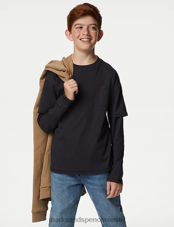 Riietus ee Marks & Spencer lapsed puhtast puuvillast mustervarrukatega top süsinik NZTRN8279