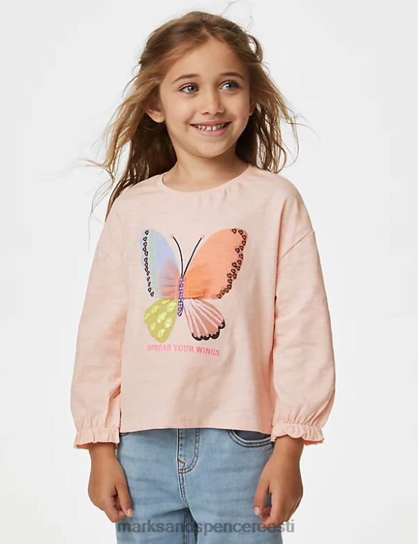 Riietus ee Marks & Spencer lapsed puhtast puuvillast tikitud liblikas topp heleroosa NZTRN8865