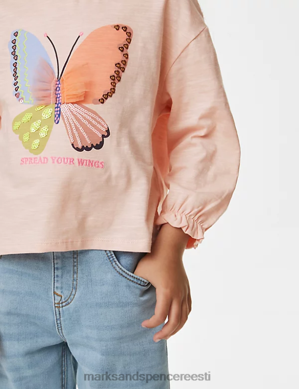Riietus ee Marks & Spencer lapsed puhtast puuvillast tikitud liblikas topp heleroosa NZTRN8865