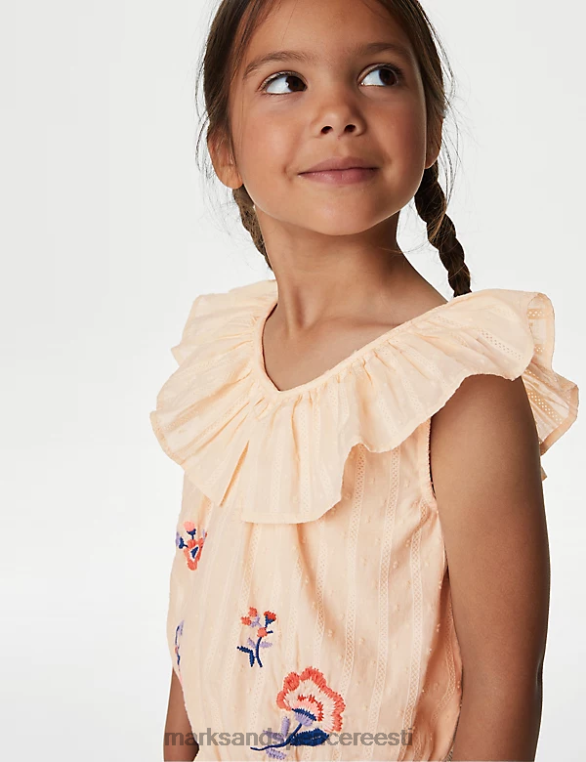 Riietus ee Marks & Spencer lapsed puhtast puuvillast tikitud lilleline topp hele virsik NZTRN9334