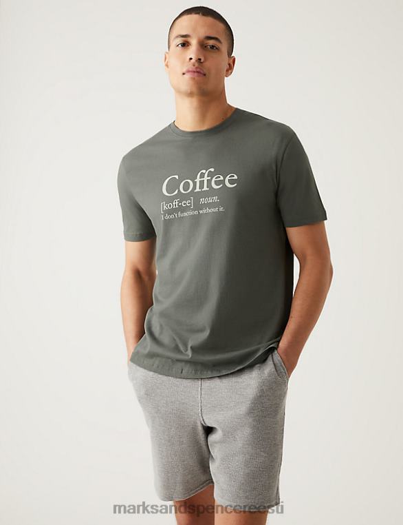 Riietus ee Marks & Spencer mehed puhtast puuvillast kohvi slogan loungewear top roheline segu NZTRN4865