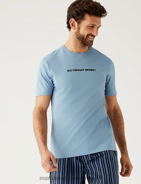 Riietus ee Marks & Spencer mehed puhtast puuvillast triibuline slogan pidžaamakomplekt sinine segu NZTRN6418