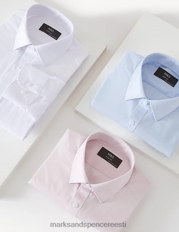 Riietus ee Marks & Spencer mehed 3pk slim fit lihtne triikida pikkade varrukatega särgid sinine segu NZTRN5516
