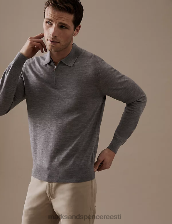 Riietus ee Marks & Spencer mehed puhas ülipeen meriinovillast kootud polo helehall NZTRN6706