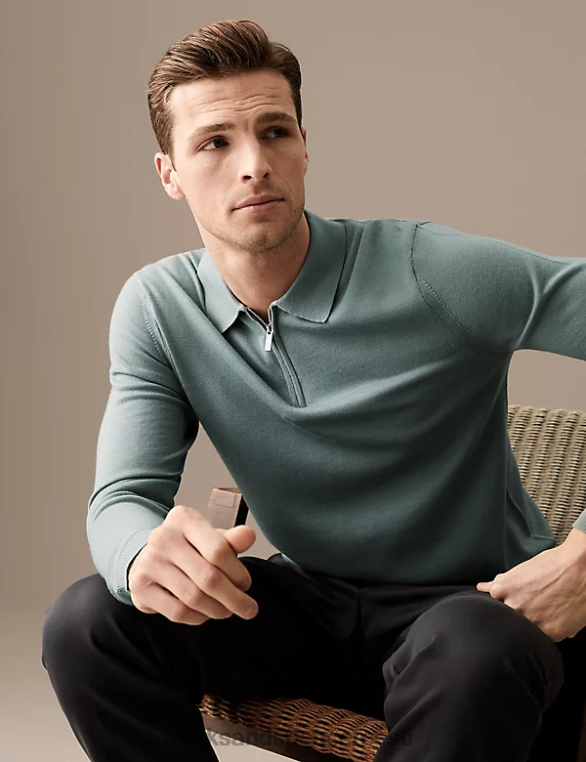 Riietus ee Marks & Spencer mehed puhas ülipeen meriinovillast kootud polo tuhmunud roheline NZTRN7066