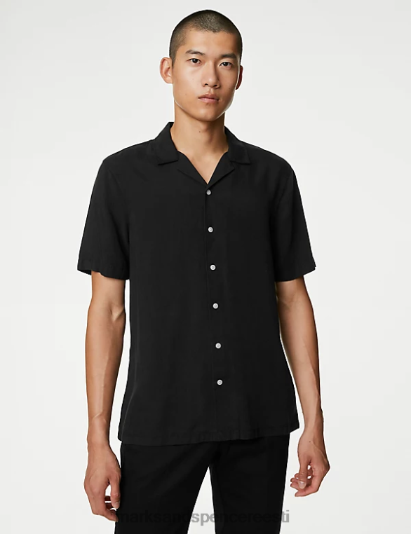 Riietus ee Marks & Spencer mehed puhas tencel kuuba kraega särk must NZTRN6152