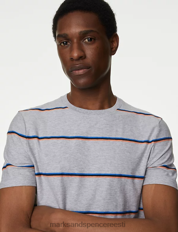 Riietus ee Marks & Spencer mehed puhta puuvillase tekstuuriga triibuline T-särk hall NZTRN5764