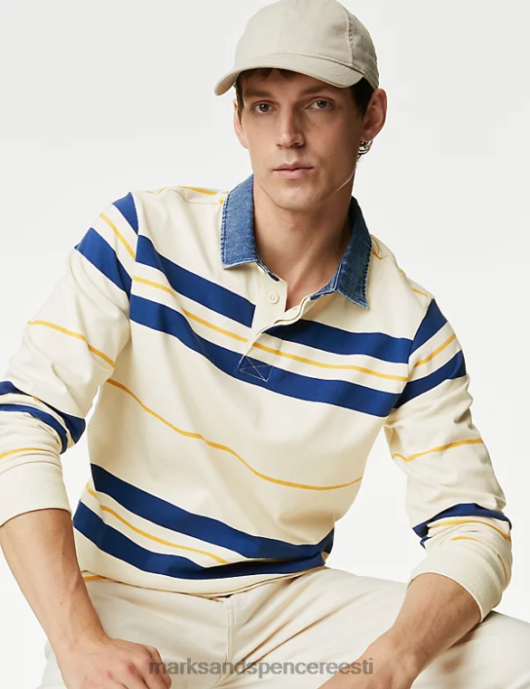Riietus ee Marks & Spencer mehed puhta puuvillase triibuline ragbi särk ecru segu NZTRN4989