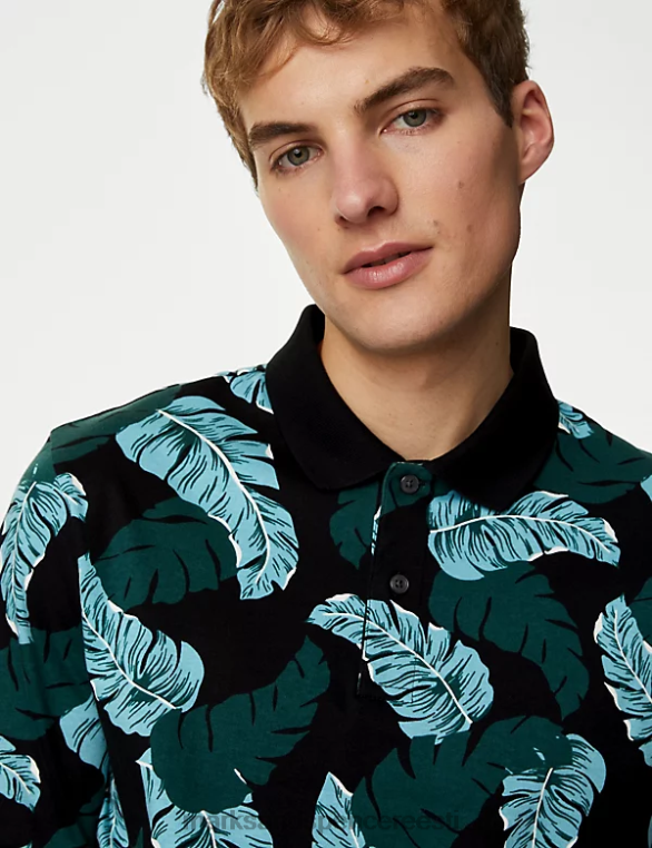 Riietus ee Marks & Spencer mehed puhtast puuvillast botaanilise mustriga polosärk must segu NZTRN6107