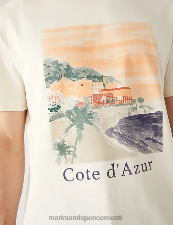 Riietus ee Marks & Spencer mehed puhtast puuvillast cote d'azur graafiline T-särk ekru NZTRN5343