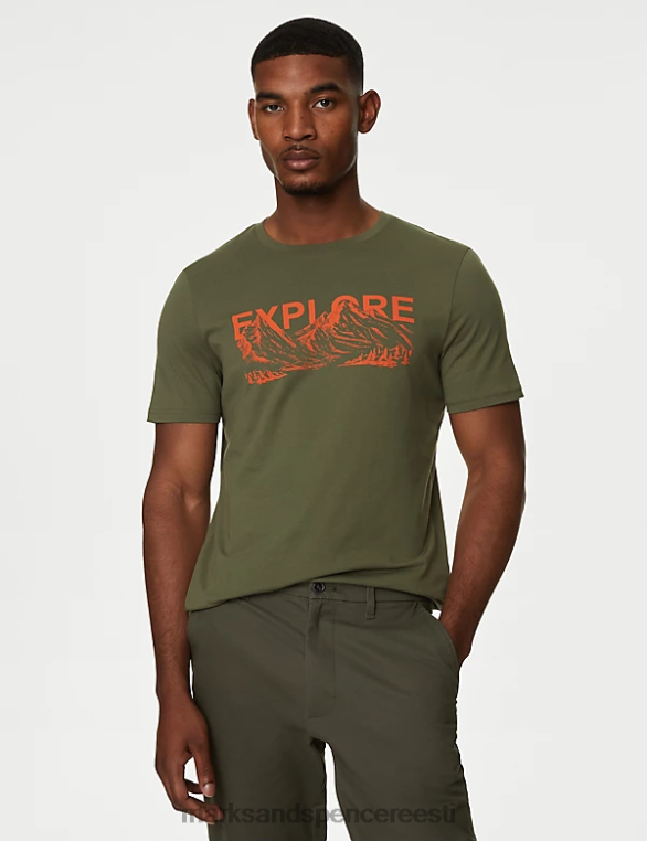 Riietus ee Marks & Spencer mehed puhtast puuvillast explore graafiline T-särk keskmine khaki NZTRN5090