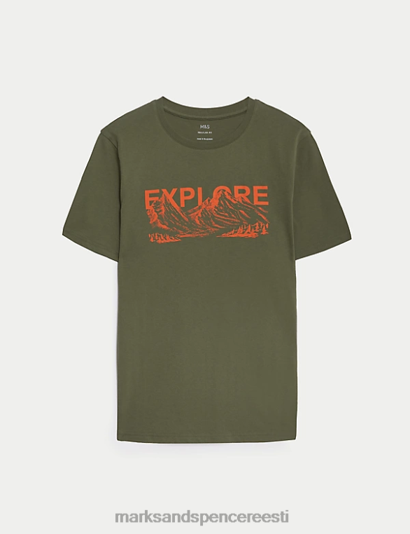 Riietus ee Marks & Spencer mehed puhtast puuvillast explore graafiline T-särk keskmine khaki NZTRN5090