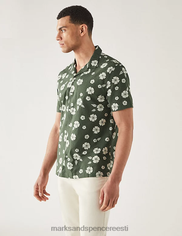 Riietus ee Marks & Spencer mehed puhtast puuvillast seersucker kuuba kraega särk roheline NZTRN6138